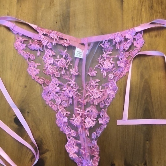 Sheer Lingerie Lace Pink Floral Embroidery Bra and Lace Tie Panty NEW - Picture 6 of 7
